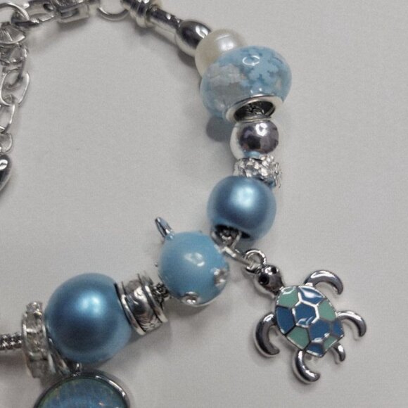 NWT Pandora Style Charm Bracelet Enamel Turtles Jellyfish Whale Blue Silver Bead - Picture 6 of 9